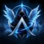 Metallic letter A crest with a hooded figure, glowing blue eyes, and radiant wings over floating fantasy islands in mist.