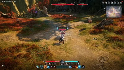 Aion 2 third-person spell combat on a forest path with red foliage, boss health bars, and lightning-style ability effects.