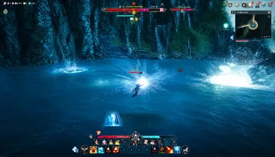 Aion 2 night battle on Lideia Lake with a bright magical burst, water splashes, guardian health bar, and skill HUD.