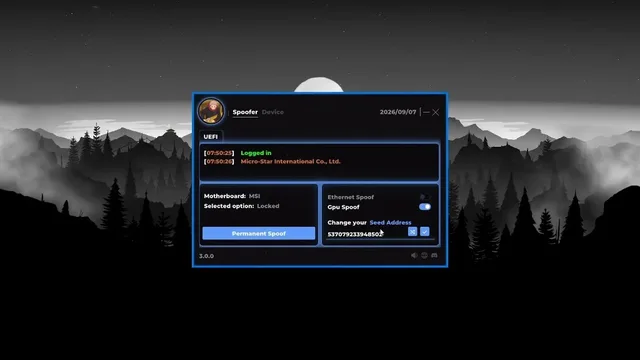 UEFI workspace with permanent spoof toggle, GPU and ethernet switches, seed entry, and mountain artwork on the dashboard chrome.